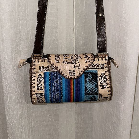 Peruvian Genuine Tooled Graphic Leather Stripe Mini Crossbody Bag - Picture 1 of 12
